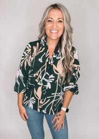 Dark Green Floral Button Blouse