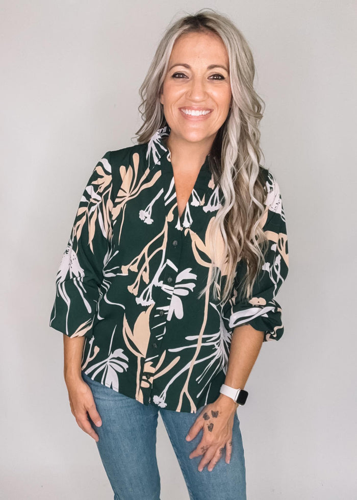 Dark Green Floral Button Blouse