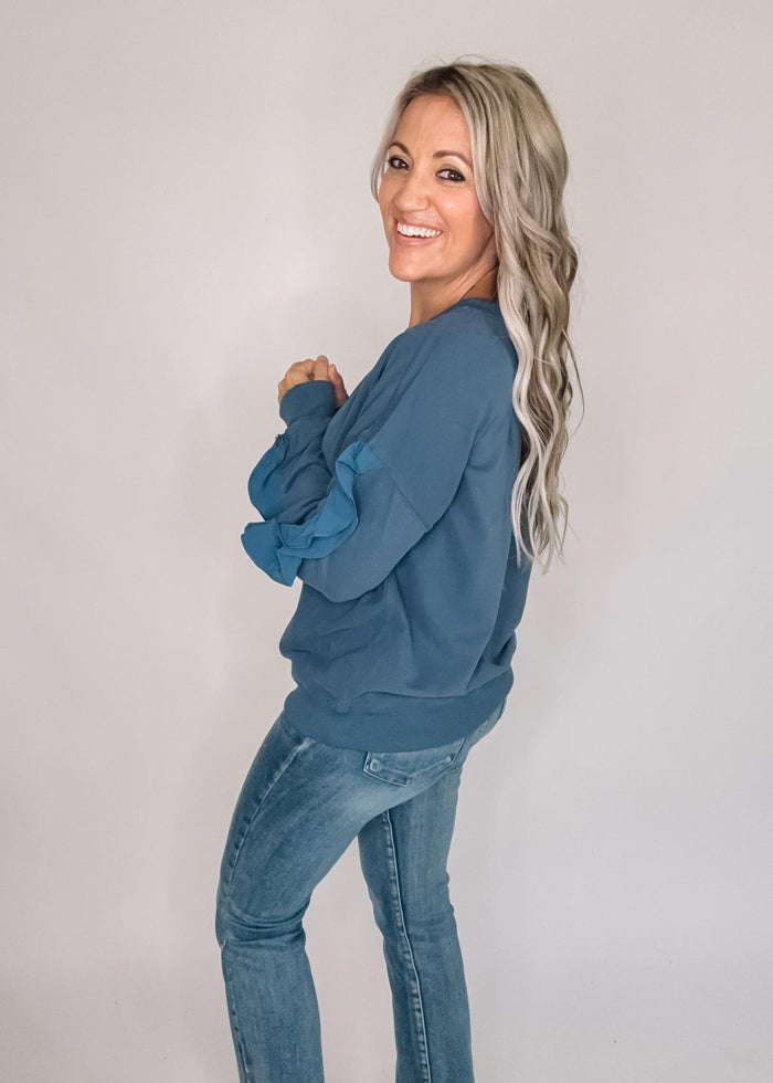 Slate Pullover with Ruffle Sleeves