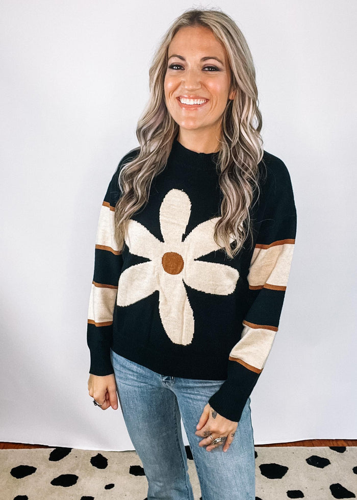 Black and White Stripe Knit With Flower