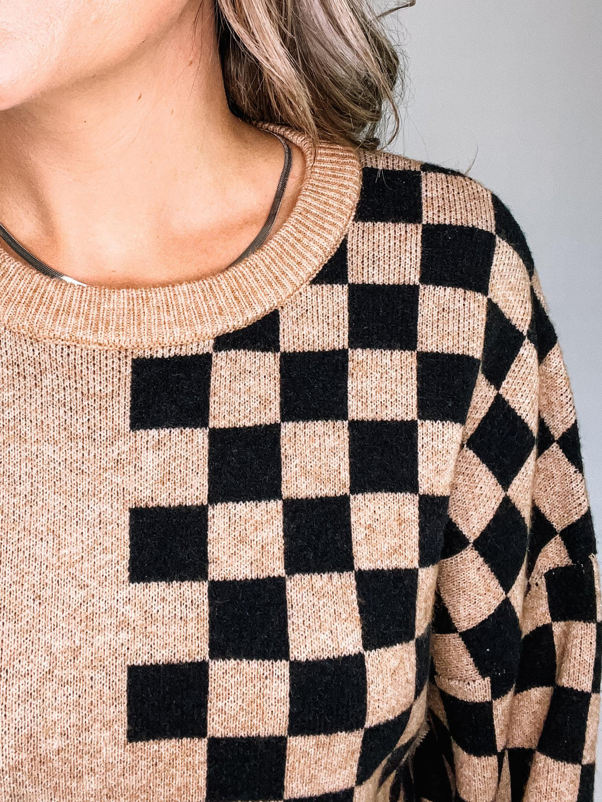 Khaki and Checkerboard Crew Neck Sweater