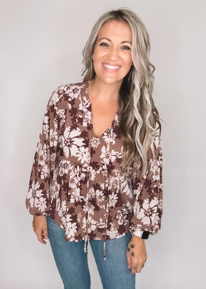 Brown and Cream Floral Babydoll Top