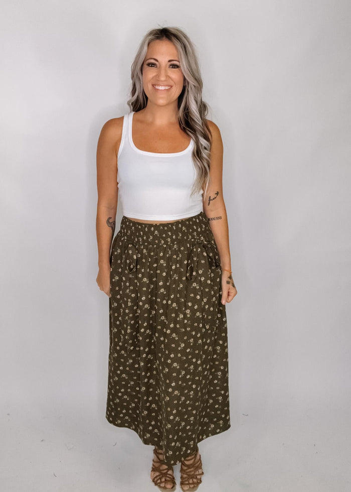 Brown Floral Midi Skirt with Bow Detail