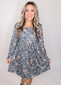 Soft Blue Floral Print Babydoll Dress
