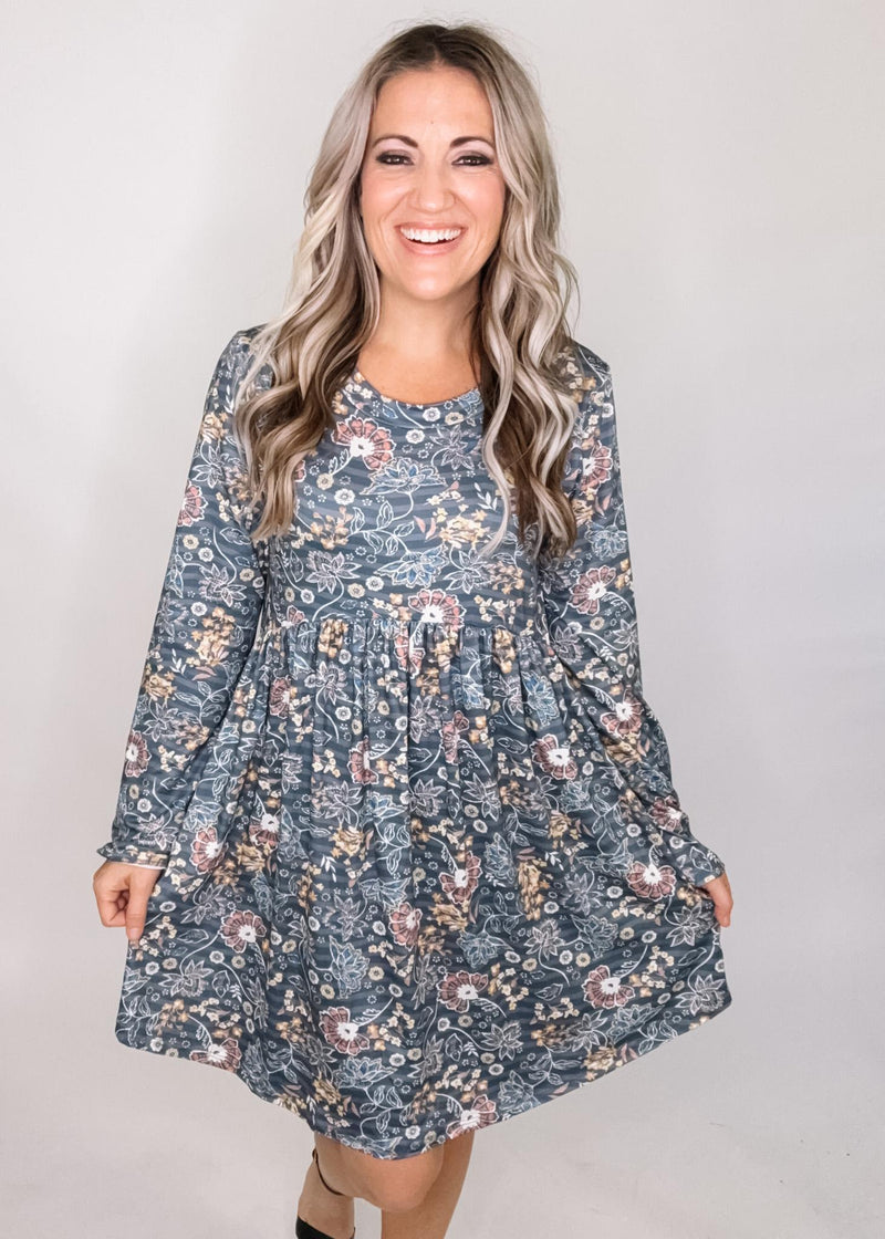 Soft Blue Floral Print Babydoll Dress