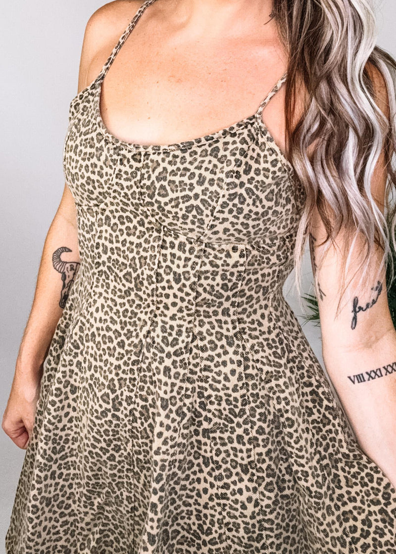 Fit and Flare Leopard Denim Mini Dress