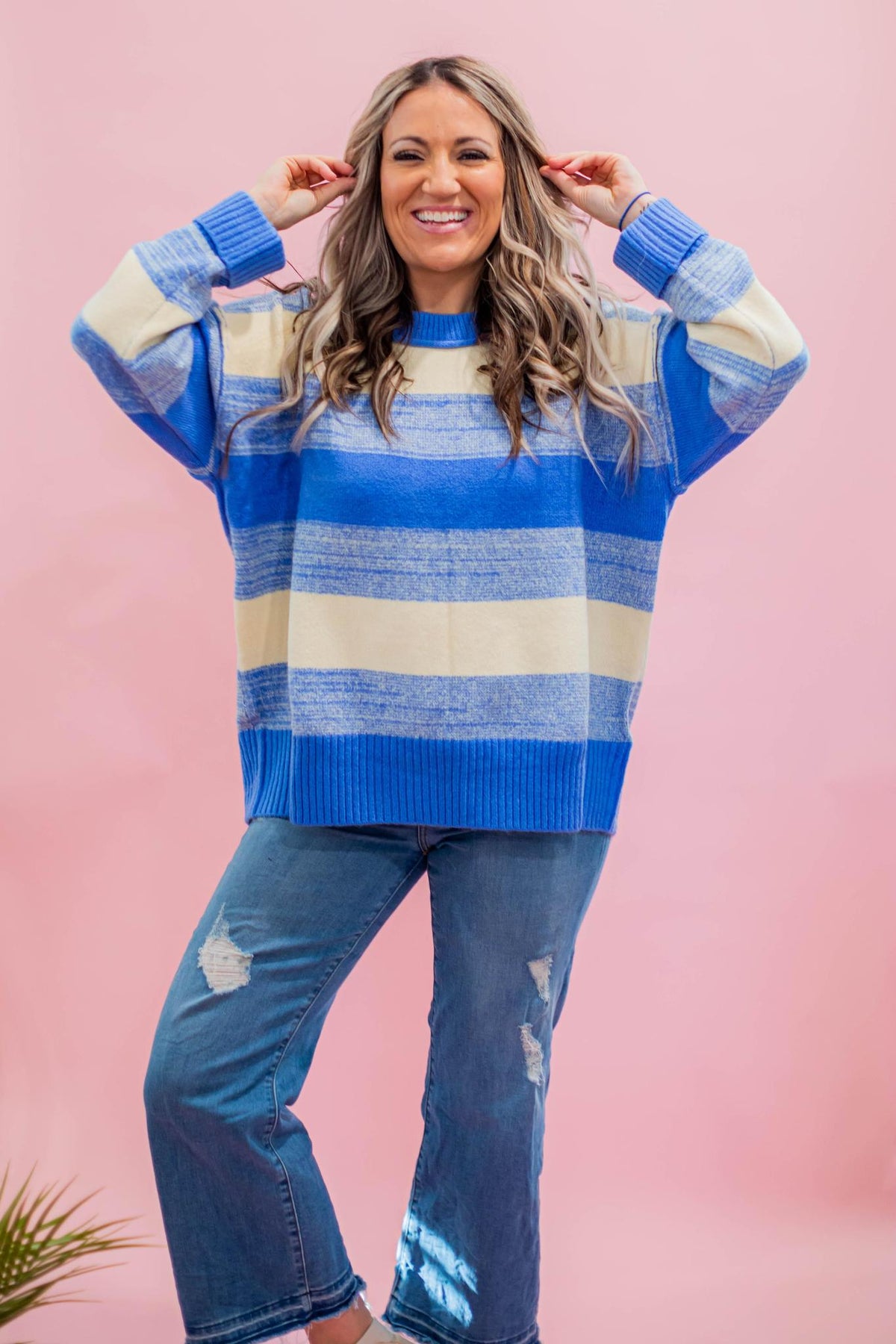 Chunky Knit Blue and Ivory Stripe Sweater