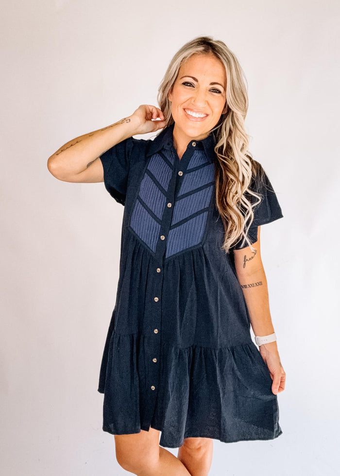 Yoke Button Down Mini Dress with Pockets