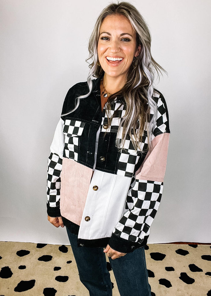 White Black Pink Checker Block Shacket