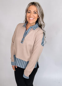 Striped Contrast Trim Waffle Knit Collared Top