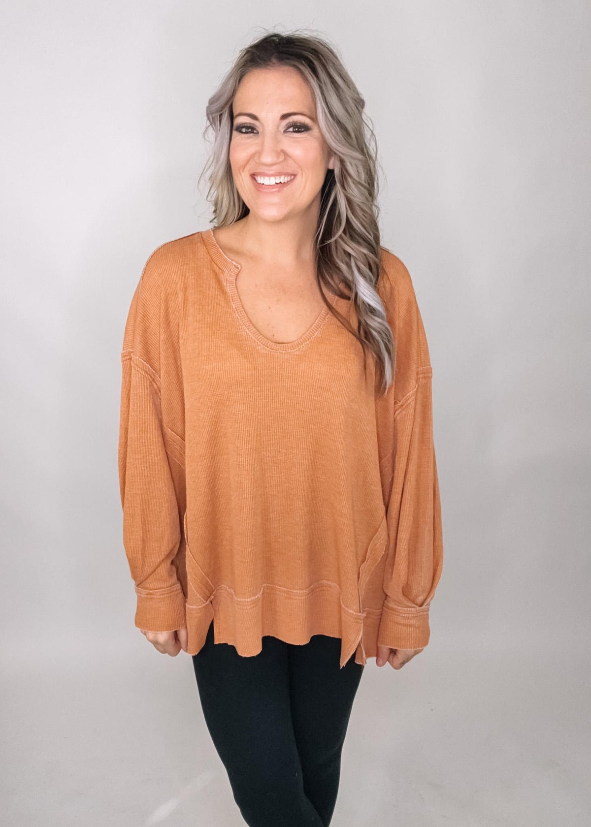 Cotton Blend Waffle Knit Oversized Long Sleeve Top