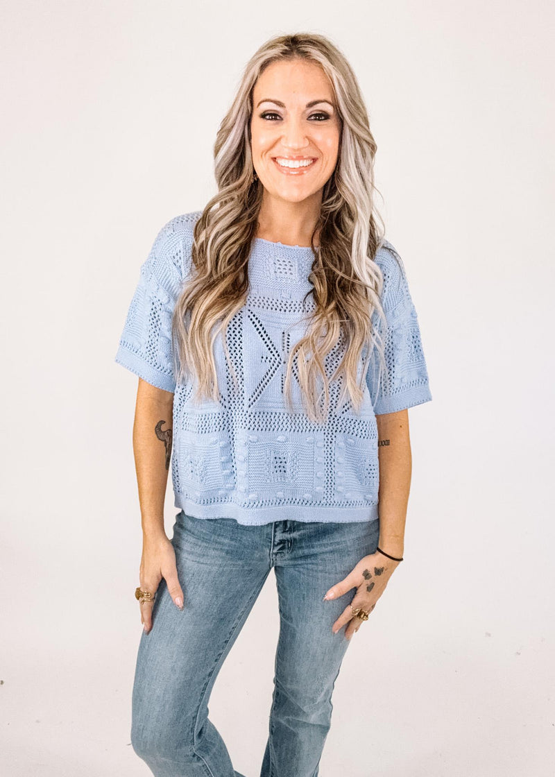 Sky Blue Crochet Sleeve Top