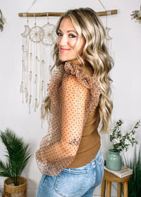 Camel Top with Dramatic Polka Dot Mesh Sleeve
