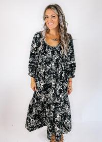 Kaila Black and White Floral Midi Dress