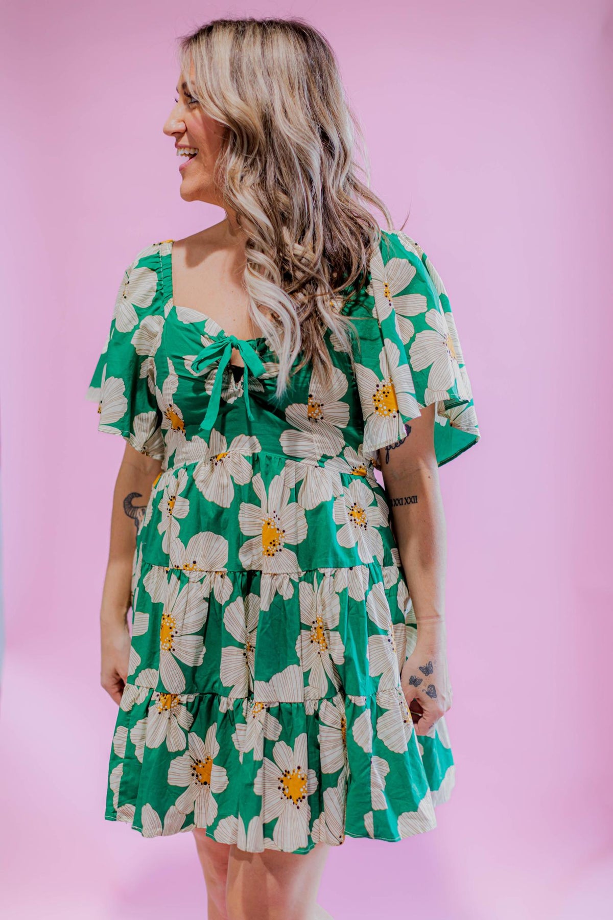 Green Floral Flutter Sleeve Dress