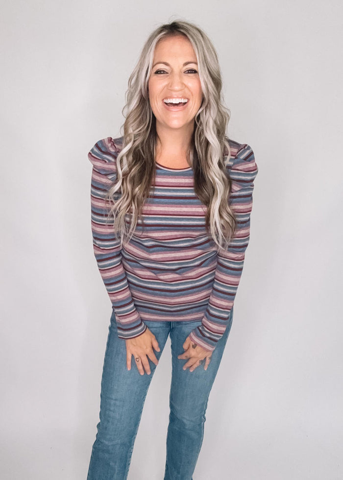 Puffed Long Sleeve Mocha Purple Striped Top