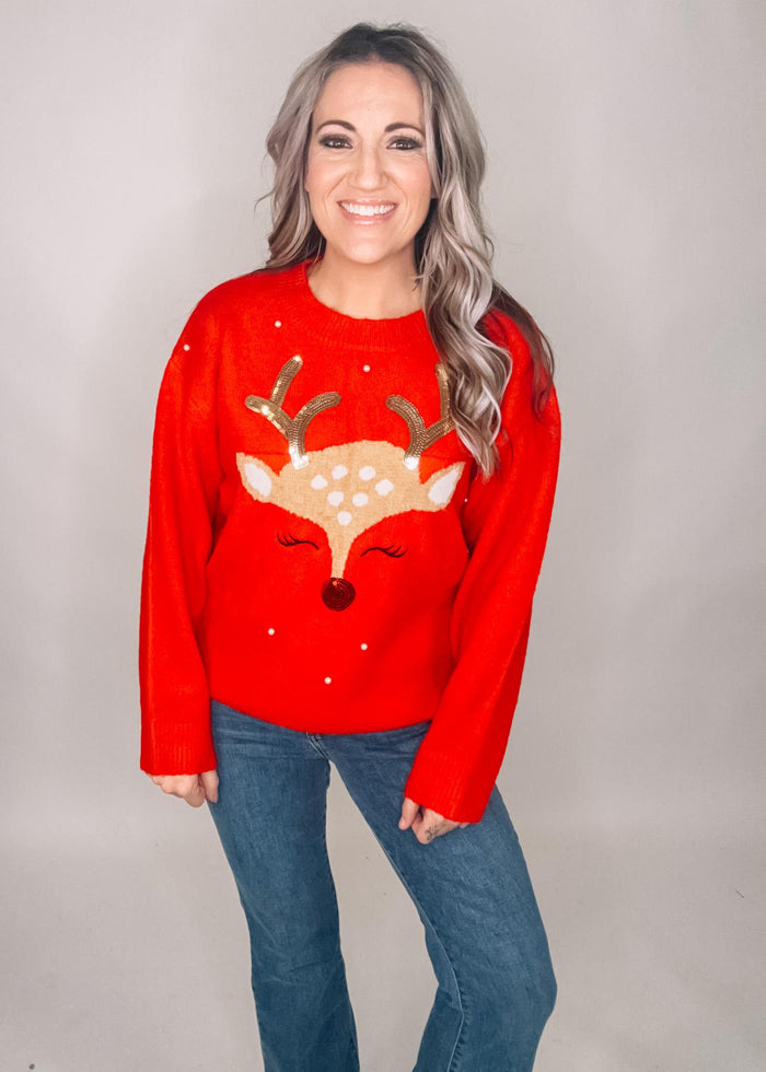 Reindeer Sequin Sweater with Pearl Details