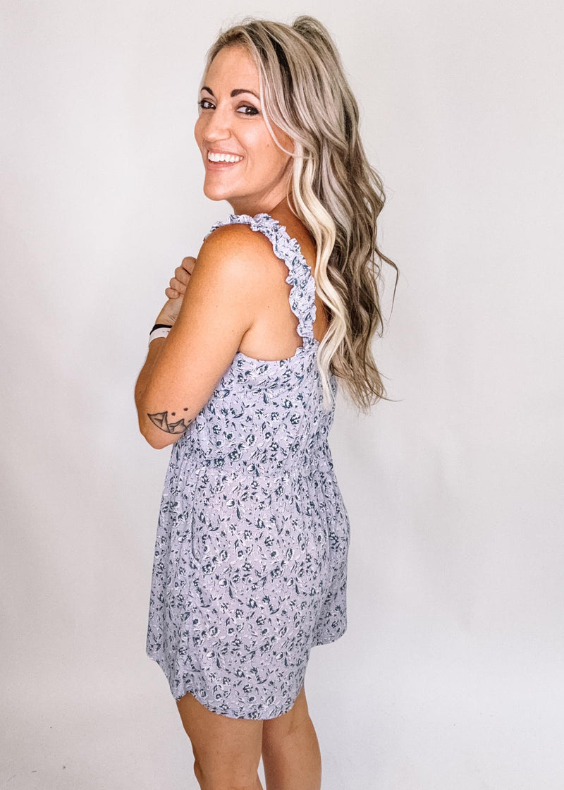 Lavender and Navy Ditsy Floral Romper