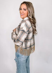Almond and Ivory Plaid Fringe Jacket