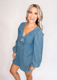 Denim Long Sleeve Pleated Romper