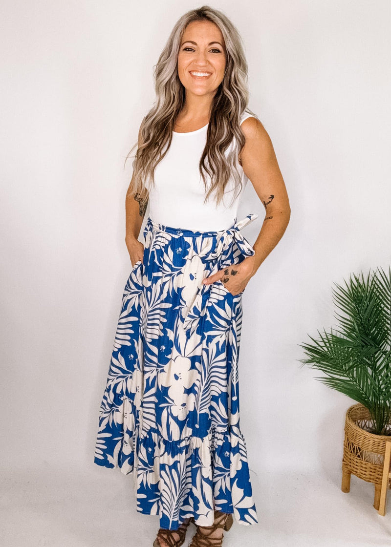 Sleeveless Knit Midi Dress with Blue Floral Skirt