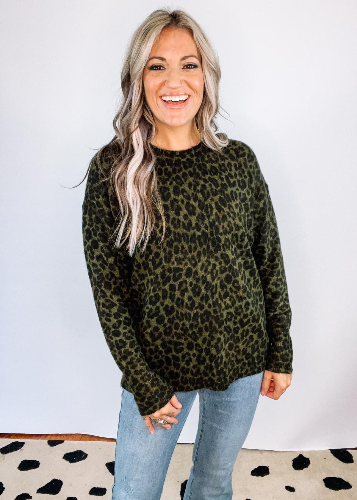 Olive Leopard Print Crew Neck