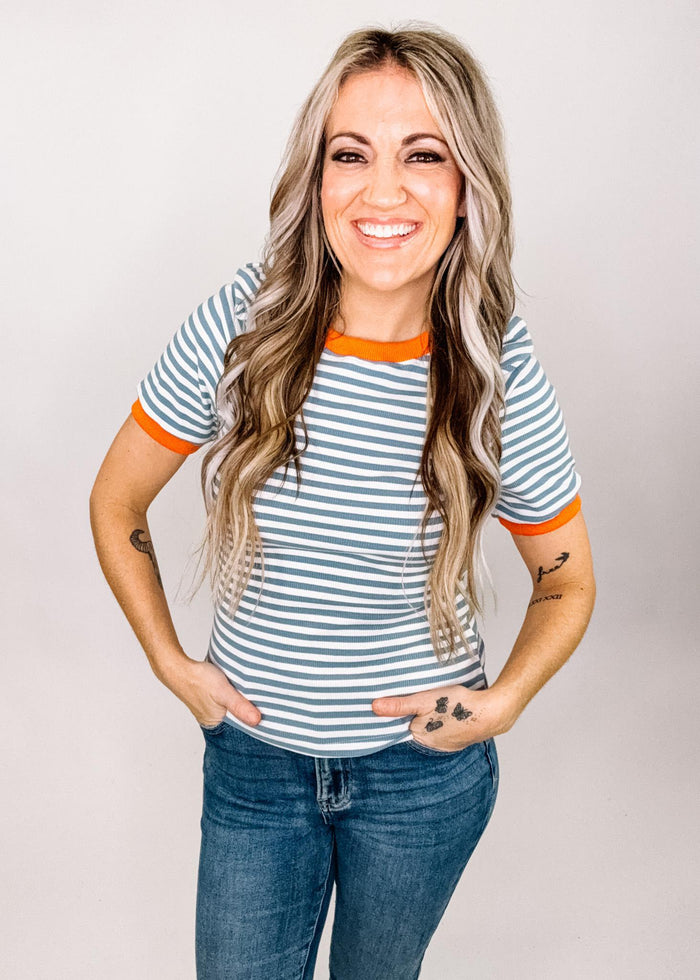 Denim Blue and Orange Collar Stripe Top