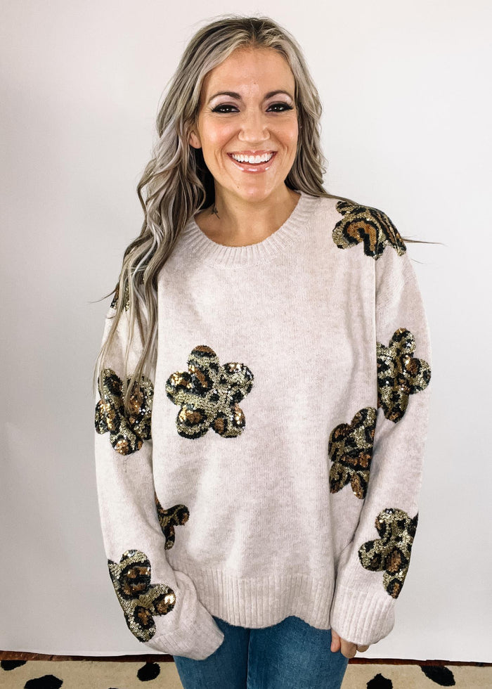 Sequin Daisy Leopard Flower Patch Sweater