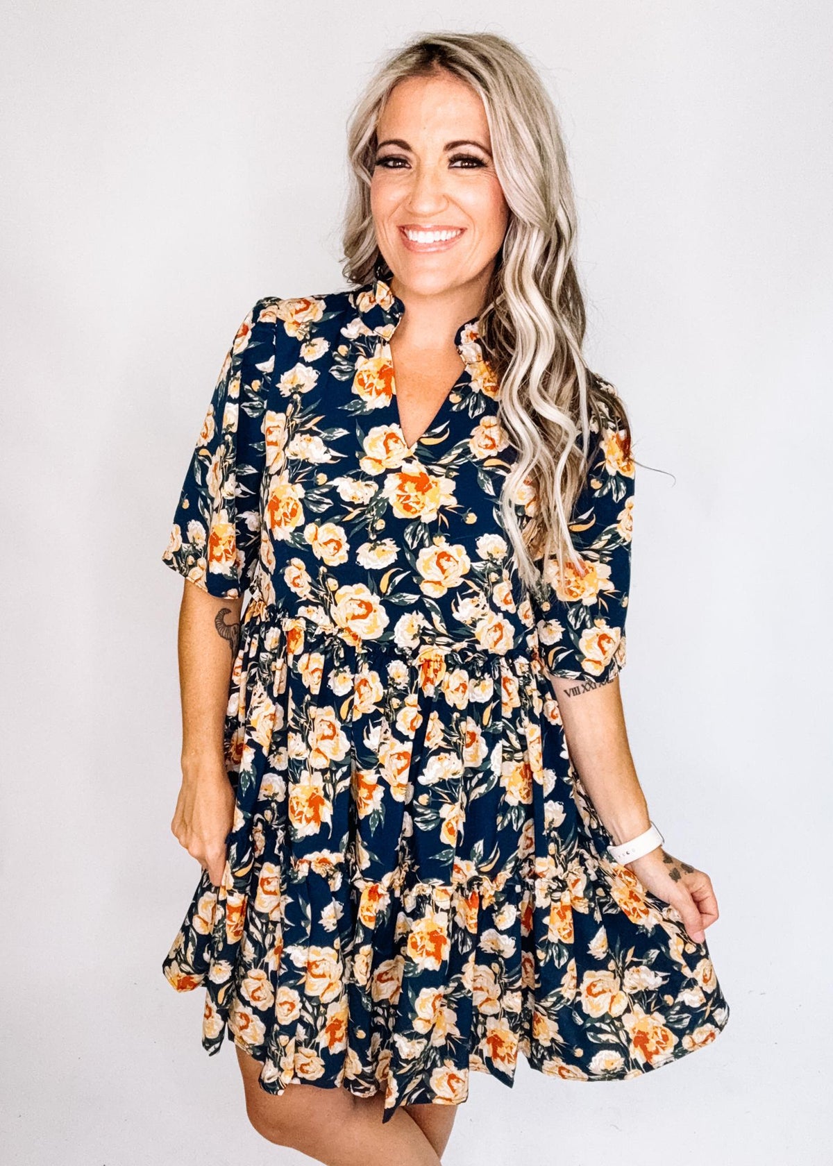Navy Floral Tiered Dress with Side Pockets