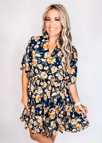 Navy Floral Tiered Dress with Side Pockets