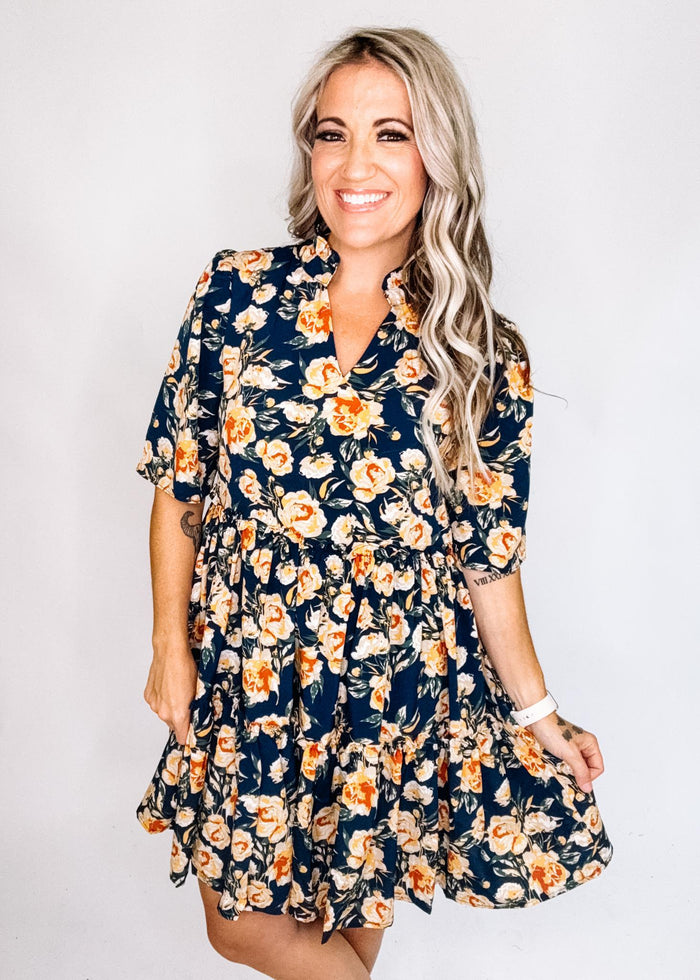 Navy Floral Tiered Dress with Side Pockets