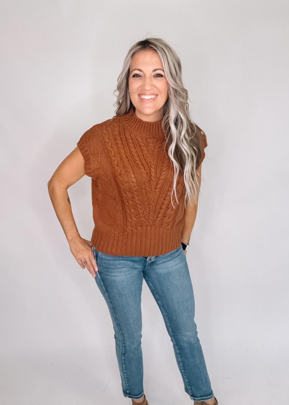 Caramel Cable Knit Sleeveless Sweater