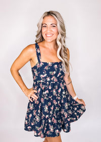 Navy Floral Sleeveless Tiered Mini Dress