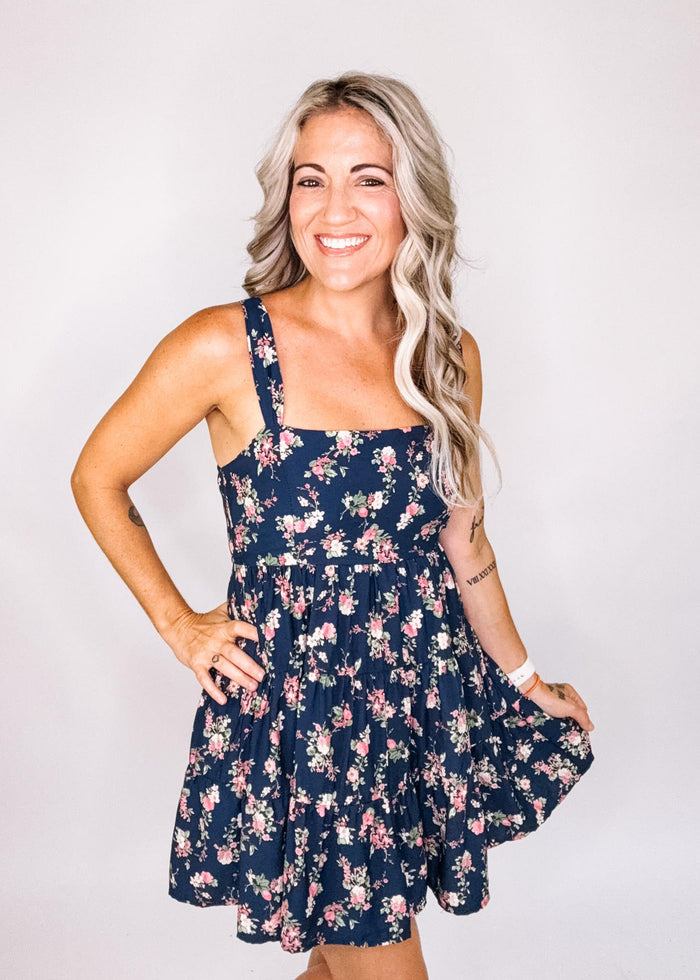 Navy Floral Sleeveless Tiered Mini Dress