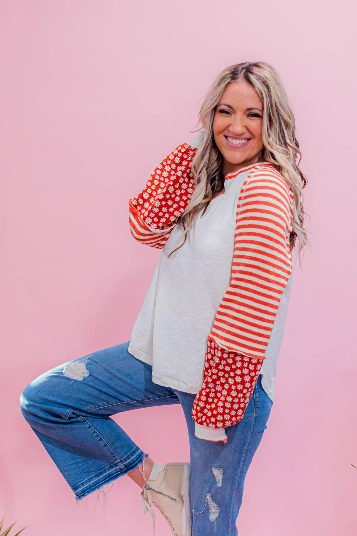 Floral Stripe Ragland Style Top