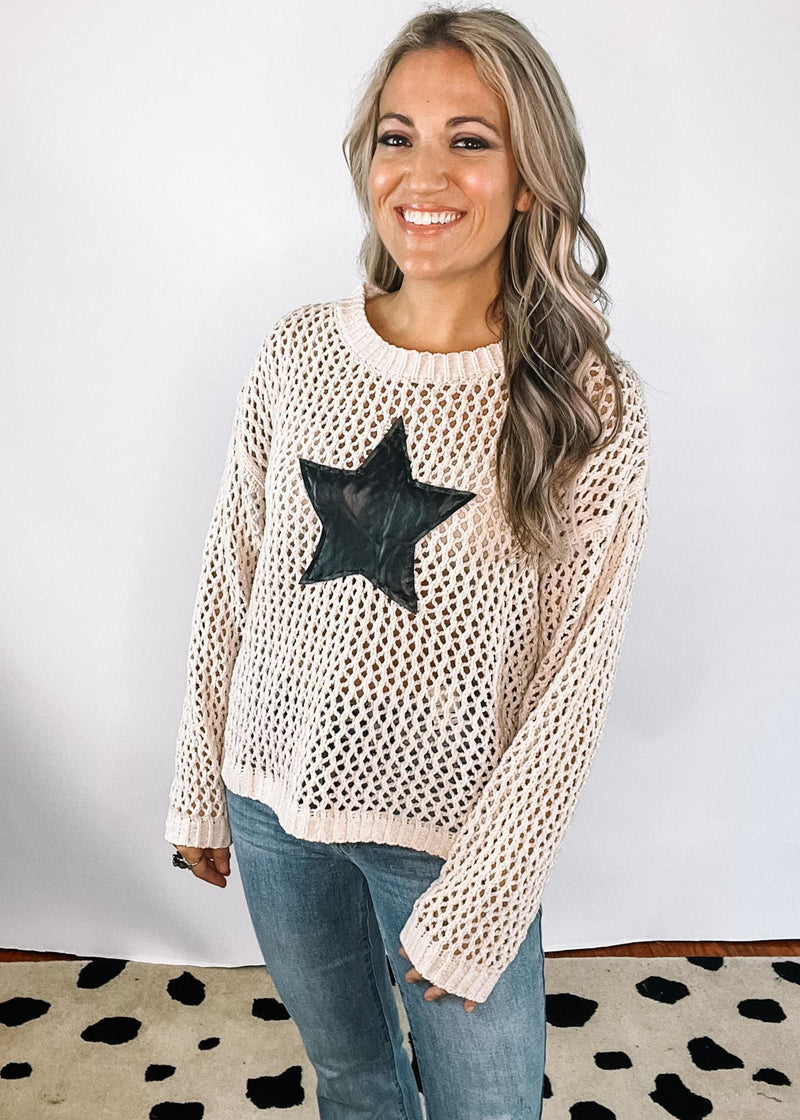 Oatmeal Crochet Knit Top with Faux Leather Star