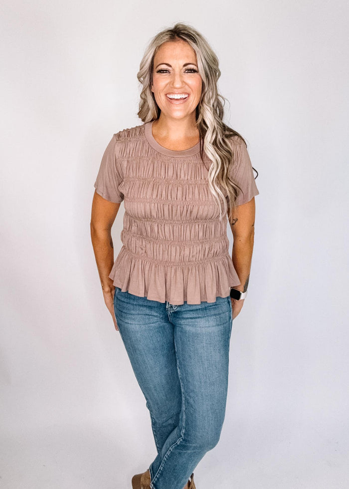 Solid Mocha Top with Smock Detail