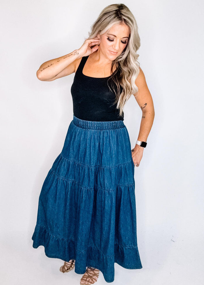 Elastic High Waist Tiered Denim Midi Skirt