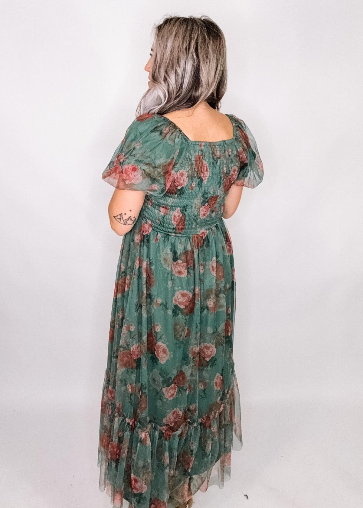 Green and Floral Mesh Maxi Dress