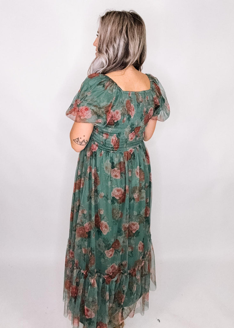 Green and Floral Mesh Maxi Dress