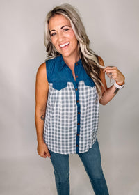 Denim and Plaid Sleeveless Top
