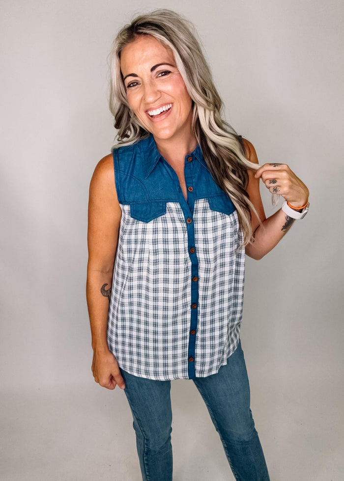 Denim and Plaid Sleeveless Top