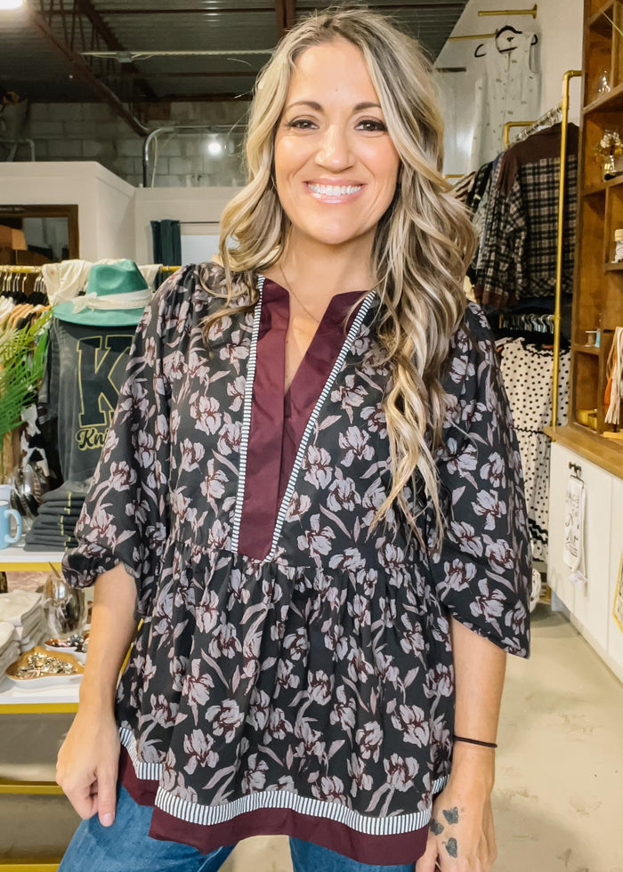 3/4 Sleeve Women Floral Top With Contrast Detail