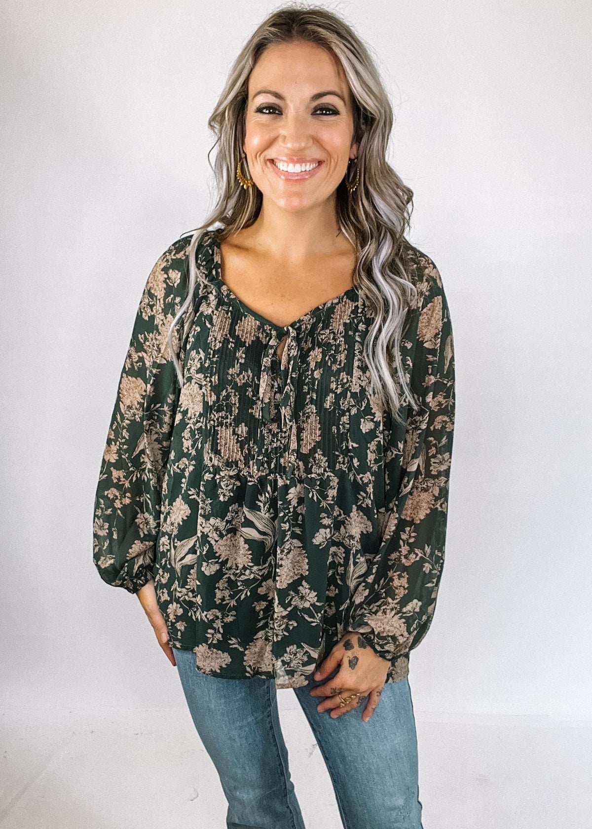 Sea Green Floral Pintuck Detail Blouse