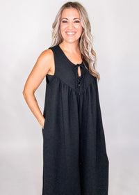 Black Wide Leg Jumpsuit with Ribbon Detail