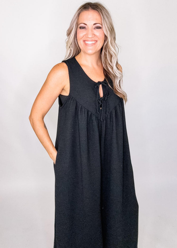Black Wide Leg Jumpsuit with Ribbon Detail