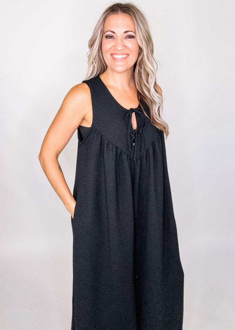 Black Wide Leg Jumpsuit with Ribbon Detail