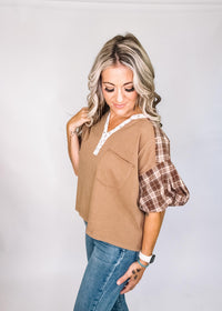 Hazelnut Mineral Washed Mixed Fabric Top