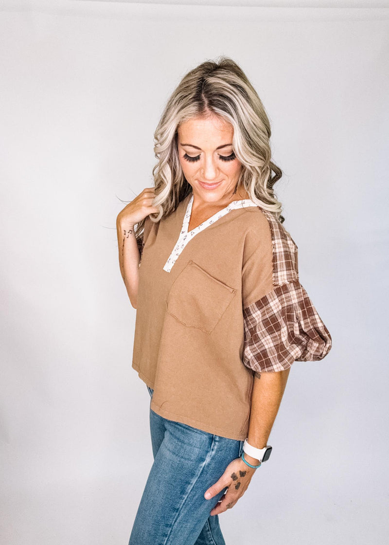 Hazelnut Mineral Washed Mixed Fabric Top