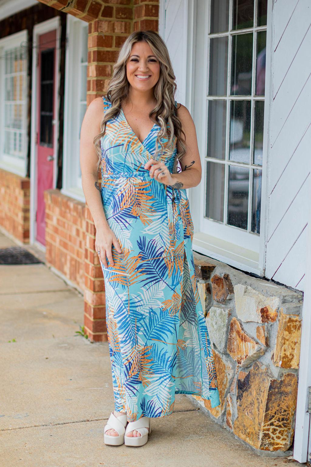 Mint Tropical Print Front Tie Dress